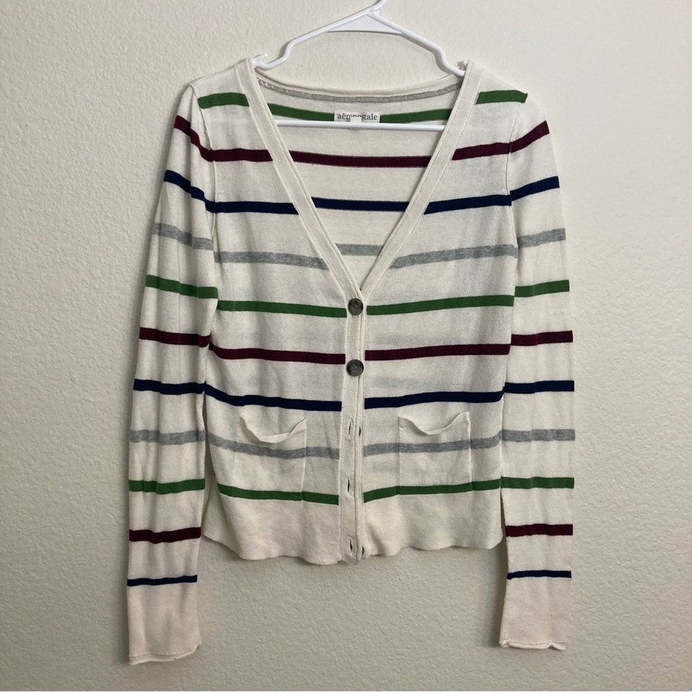 Aeropostale Striped Cardigan - Cream/Brown/Green - Size Large